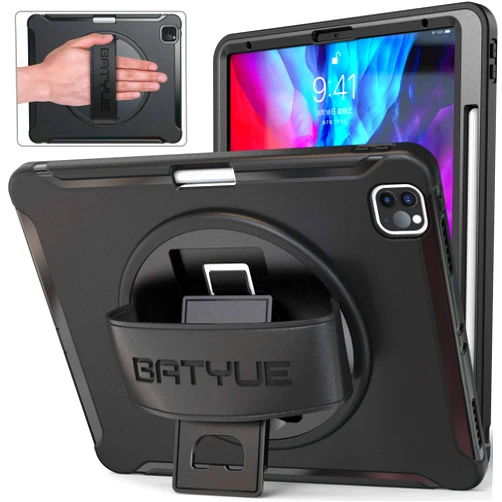 BATYUE iPad Pro 12.9 Case 6th/5th/4th/3rd Generation 2022 2021 2020 2018 with Pencil Holder, Rotating Kickstand, Hand Strap, Rugged Heavy Duty Protective Kids Cover (Black)