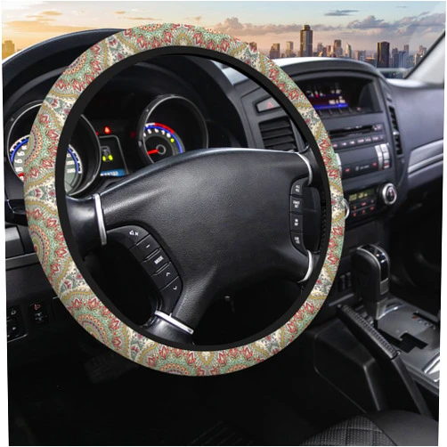 SISROW Mandala Flower 15 Inch Steering Wheel Cover Beige Boho Ethnic Geometric Flower Steering Wheel Cover Universal Car Accessories 15 Inch Steering Wheel Cover for Trucks Auto Vans