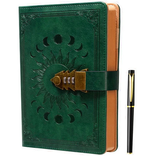 ZXHQ Lock Journal with Pen, A5 240 Pages Diary with Lock, Brown Edge, Refillable, Leather Hardcover (8.5 × 5.9inch) Dark Green