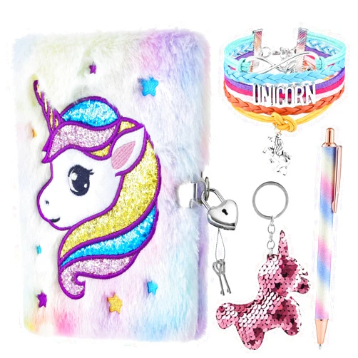WERNNSAI Unicorn Plush Diary Set - Kids Journal Kit for Girls Private Diary Embroidery School Travel Notebook Notepad Gel Pen Key Rings Bracelets Locks Keys Birthday Christmas Gift