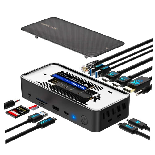 WAVLINK USB C Docking Station 3 Monitors, 13 in 1 USB C Hub with 5Gbps M.2 PCIe/SATA SSD Enclosure, 4K@60Hz HDMI/DP, 100W PD, USB C/USB-A Gen 3.2/3.1, SD/TF, Gigabit RJ45 for Windows, Mac OS