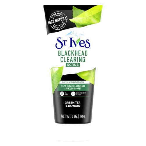 St. Ives Blackhead Clearing Face Scrub, Clears Blackheads & Unclogs Pores, Green Tea & Bamboo, Salicylic Acid Acne Treatment Facial Scrub, Moderate Exfoliator Skin Care with Natural Exfoliants 6 oz