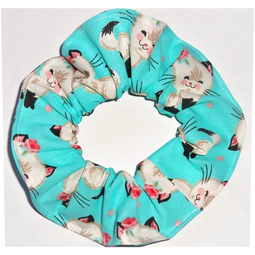 Scrunchies by Sherry Handmade Items Pretty Kitty Cat Kittens Aqua Blue Fabric Hair Scrunchie Handmade by Scrunchies by Sherry
