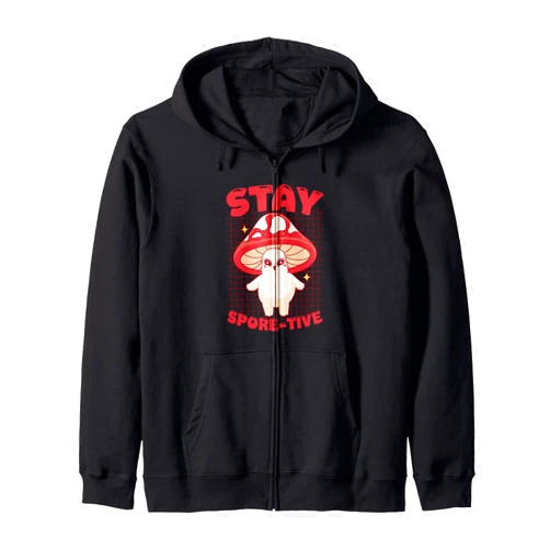 Kawaii Triangle Cute Mushroom Stay Spore-tive Fungi Pun Zip Hoodie