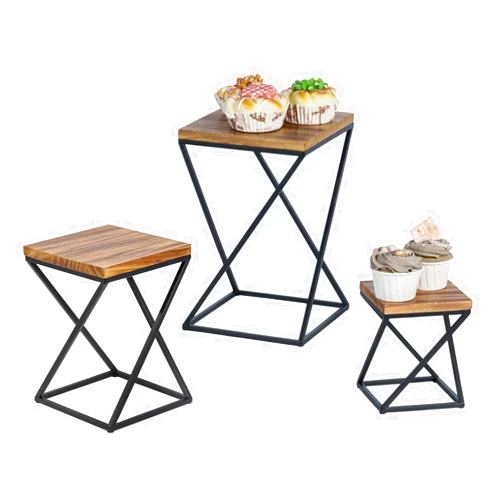 MyGift Rustic Burnt Solid Wood Square Pizza Riser Display Rack with Twisting Black Metal Legs, Nesting Dessert Cupcake Risers Cake Stand and Food Platter Holder, 3 Piece Set