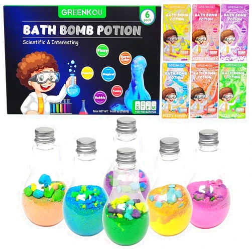 Greenkou 6 Pack Large Bath Bombs Potions Gift Set for Kids & Toddlers, Surprise Experience, Nontoxic, Colorful Fizzy Fun, Bubble Bath STEM Science Educational Kit, for Boys and Girls Gift Sets