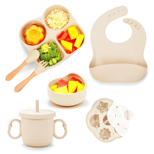 MIICASA Silicone Baby Feeding Set, Baby Led Weaning Supplies, Baby Food Tableware Silicone Suction Plate, Bowl, Spoons, Fork, Waterproof Bib, Cup & Complementary Food Cake Mold, Baby Eating Utensils