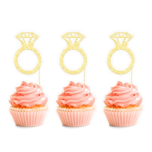 Ephlyn 24Pcs Gold Glitter Diamond Ring Donut Toppers Cupcake Picks Wedding Cake Decorations for Bridal Shower Wedding Engagement Party Decorations