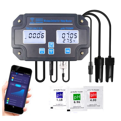 Landtek Smart Water Quality Tester 6-in-1 pH/EC/TDS/Salinity/S.G and Temperature Meter with Wi-Fi Continuous Monitor Wall-Mounted pH Water Meter with ATC and Easy Calibration for Aquariums, Hydroponics