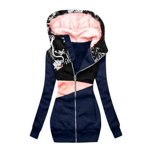 Eoailr Zip up Hoodie Women Long Length Casual Pockets Zip up Hoodies Tunic Sweatshirt Long Hoodie Jacket Winter Outwear Navy Large