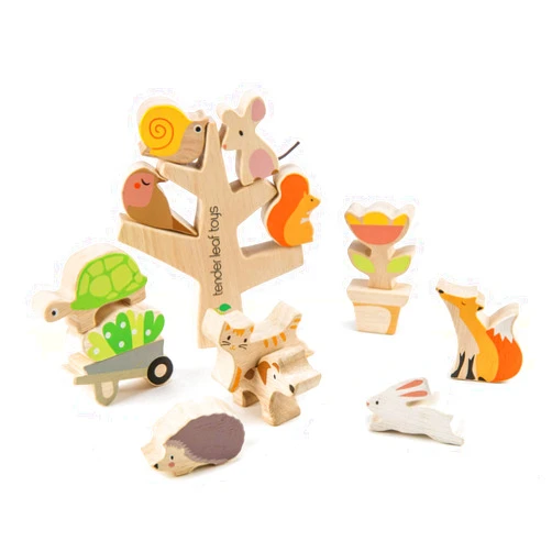 Tender Leaf Toys - Stacking Garden Friends - 14 Pcs Wooden Stacking & Balancing Toy & Educational Game with Free Travel Bag - Early Learning Develops Strategic Thinking & Fine Motor Skills - Age 18m+