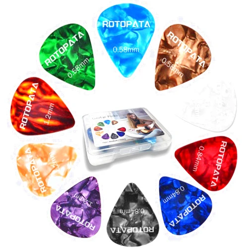 ROTOPATA 12 Pack Guitar Picks Plectrums with Organizer Storage Box, 0.58 0.84 1.2 mm Includes Thin Medium Heavy Thickness, Variety Colorful Celluloid Plectrums for Bass Electric Acoustic Guitars Ukulele