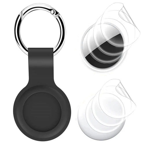 Maidea AirTag Case, Airtag Key Ring + AirTag Protector [4 PCS& 2 Front+2 Back], Soft silione Protective AirTag Finder Cover with Keychain and Rope for Air Tags Finder Keychain Accessory (Black) Small