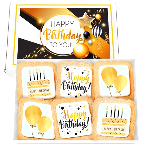 OMCookie Happy Birthday Cookies 6 PACK Gift Basket Gold for Men Women Kids | Gourmet Decorated Sugar Cookie Gift Box | Individually Wrapped Nut-Free