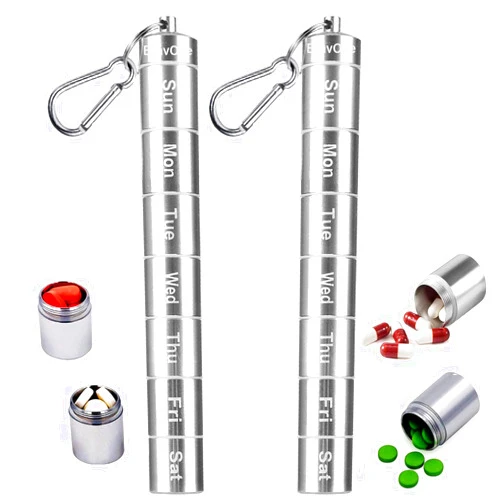 BravOne 2 Pack Weekly Pill Box, 7 Day Pill Case, BravOne 7 Compartments Aluminum Alloy Portable Pill Holder Waterproof Medicine Organizer Mini Metal Pill Container with Keychain & Carabiner for Travel Camping
