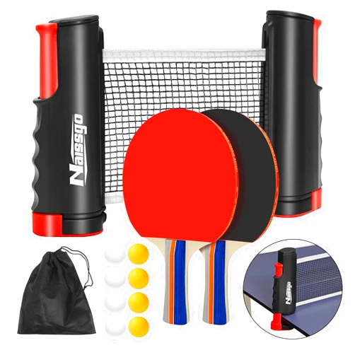 Naissgo Table Tennis Set with Retractable Net, Portable Ping Pong Paddle Set with 2 Rackets, 8 Balls and Mesh Bag, Easy Setup Table Tennis Kit for Indoor Outdoor, Beginners, Home and Office