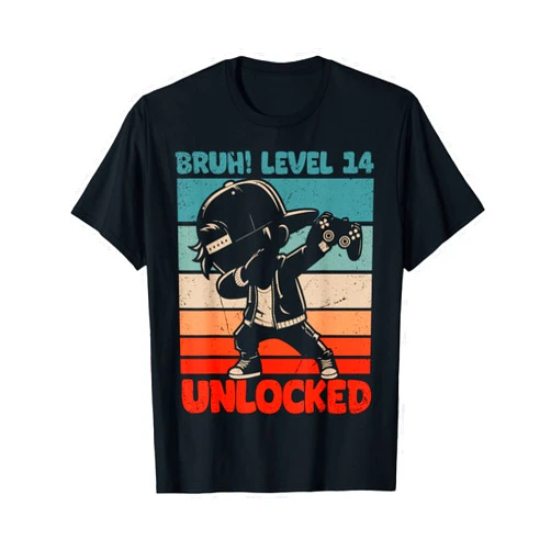 Viedo Gamer Birthday Boy Dabbing Outfit Gifts Bruh Level 14 Unlocked 14 Year Old 14th Birthday Dabbing Boy T-Shirt