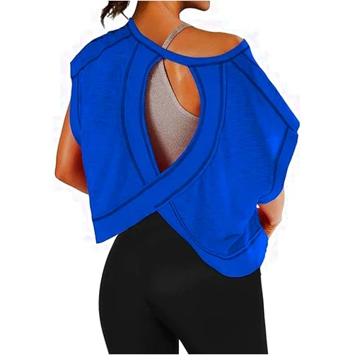 Anoumcy Cotton Open Back Workout Top for Women Casual Athletic Gym Yoga Workout Crop Shirts Running Activewear Tops