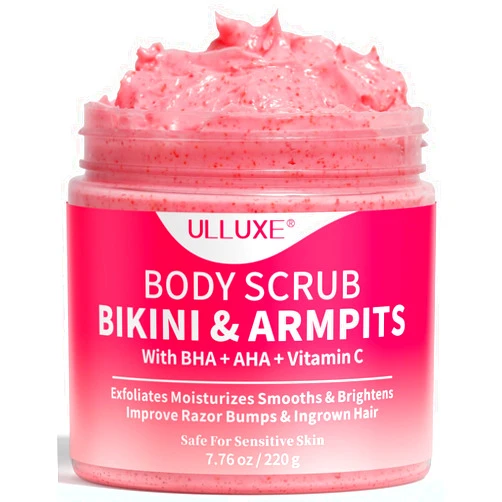 Ulluxe Bikini Area Exfoliator with 10% AHAs BHA & Vitamin C, Exfoliating Body Scrub for Ingrown Hair and Underarm Bumps, Dark Spots, Moisturize Brighten Soothe & Even Skin Tone, Sensitive Skin Safe, 7.76 oz