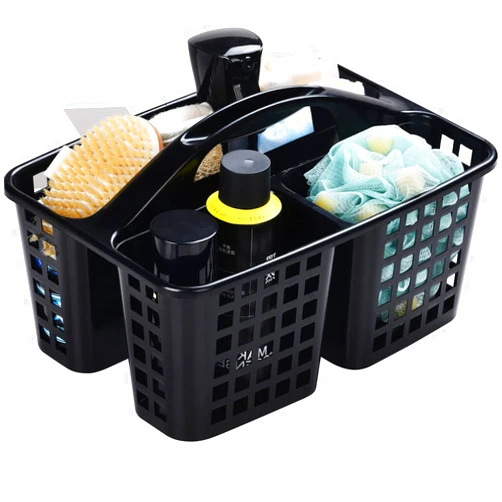 Haundry Plastic Shower Caddy Basket with 3 Compartments, Portable Divided Cleaning Supply Storage Organizer with Handle (Black)