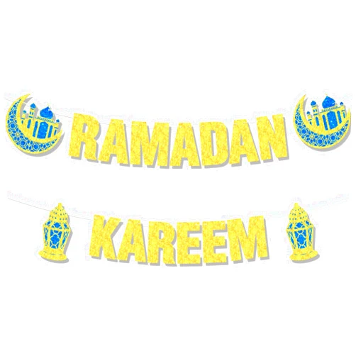 Ufocusmi Glitter Ramadan Decorations Ramadan Kareem Banner, Islamic Muslim Ramadan Wall Banner with Blue & Gold Moon and Lantern Sign