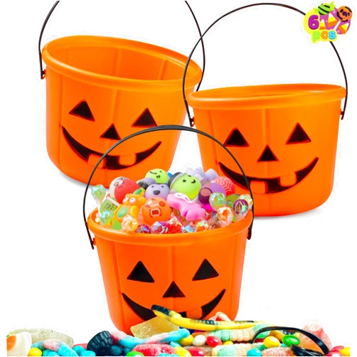 JOYIN 6PCS Halloween Trick or Treat Pumpkin Bucket, Jack O Lantern Candy Basket and Buckets for Trick or Treating, Orange Halloween Pails with Handle for Kids Party Favors Supplies Props