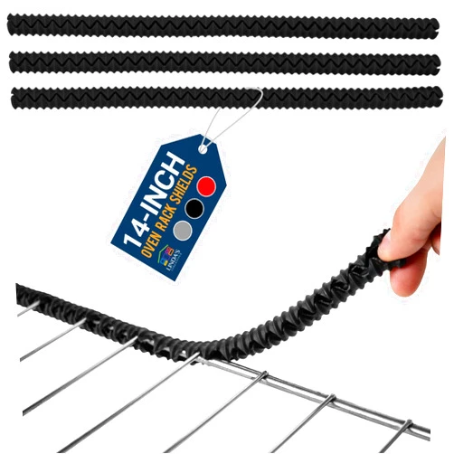 Linda's Essentials Silicone Oven Guards for Racks by Linda’s Essentials (3 Pack) - Heat Resistance Silicone Oven Rack Protectors Guards Against Burns and Scars, 14 Inches Long (Black)