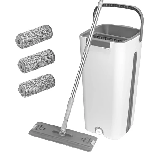 LM BODYCARE Mop and Bucket with Wringer Set, Flat Floor Mop and Bucket, with 3 Washable Microfiber Pads Included, Extended Stainless Steel Handle Mop, Home Floor Cleaning System for All Floor Types and Windows