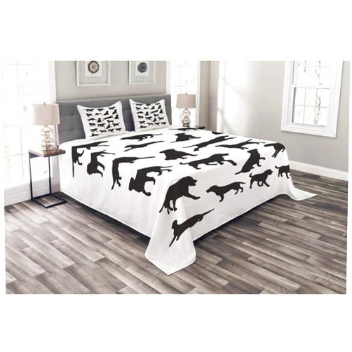 Ambesonne Labrador Bedspread Set, Black Silhouettes of Pets in Various Positions Friendly Playful Dog Breed, 3 Piece Decorative Bedding Coverlet and 2 Pillow Shams, Queen Size, Charcoal Grey White