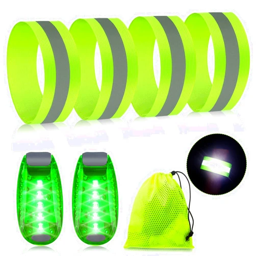 Sumind Reflective Running Gear Set Include 2 Pieces LED Safety Lights and 4 Reflective Bands for Wrist Arm Ankle Leg Reflective Straps Tape High Visibility Reflector Bands Strobe Running Light for Woman Men