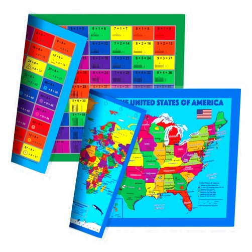NewSpaceView Natural Learning Children's Placemat (2 Placemats: USA/USA Centered World Map; Multiplication and Division 2-in-1)