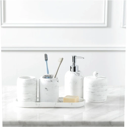 QL DESIGN Bathroom Accessories Set, 5-Piece Resin Bath Accessory Complete Set with Lotion Dispenser/Soap Pump, Cotton Jar, Tray, Tumbler and Toothbrush Holder (Marble Look)
