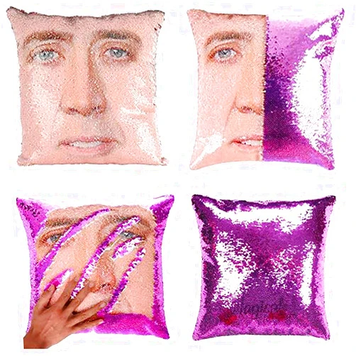 LydeLog Nicolas Cage Pillow Covers Sequin Pillow Cases Funny Gag Gifts Reversible Sequin Pillow Cover Decorative Throw Cushion Case 16 x 16 Inches (Purple)