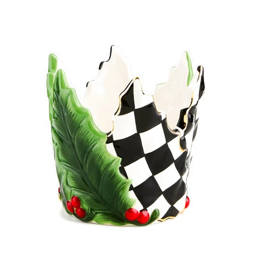 MACKENZIE-CHILDS Ceramic Pillar Candle Holder, Christmas Candle Dish, Short, Holly Leaf