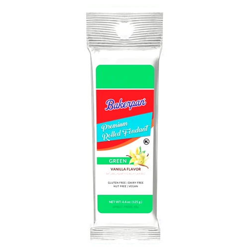 Bakerpan Premium Rolled Green Fondant for Cake Decorating, Vanilla Flavor - 4.4 Ounces (Made in USA)