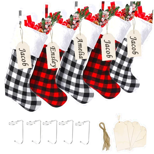 Fegwave Christmas Stockings Set of 5 Pack, Buffalo Plaid Christmas Stockings, 19 Inch Black White Red Plaid Christmas Stockings, Farmhouse Family Christmas Stockings, White Red Xmas Stockings 5
