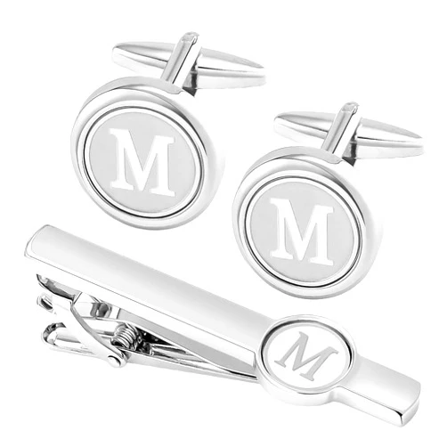 GWD Silver Initial Cufflinks and Tie Clip Set for Men Stainless Steel Personalized Tuxedo Shirt Cuff Links Letter Alphabet A-Z Gift for Father Husband