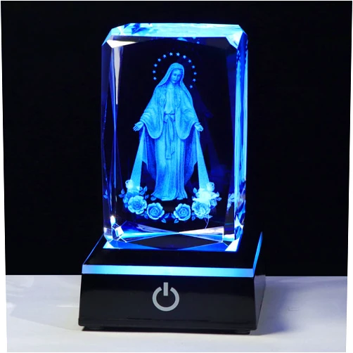 Movdyka 3D Crystal Virgin Mary Statue Religious Gifts for Women Men Christian Laser Engrave Religious Figurine Christmas Ornaments Decor with Colorful LED Base Catholic Gifts Women Friends Faith