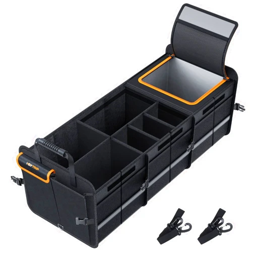 HEYTRIP Large Trunk Organizer With Built-in Leakproof Cooler Bag, 2 Tie-Down Straps, 4 Removable Dividers, Foldable Cover, Built with 2mm PE Board