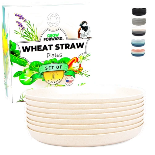 Grow Forward Premium Wheat Straw Plates - 10 Inch Reusable Hard Plastic Dinner Plates Set of 8 - Unbreakable Microwave Safe Plates for Dessert, Camping, RV, Outdoors, Patio, Kitchen Dishes - Sahara