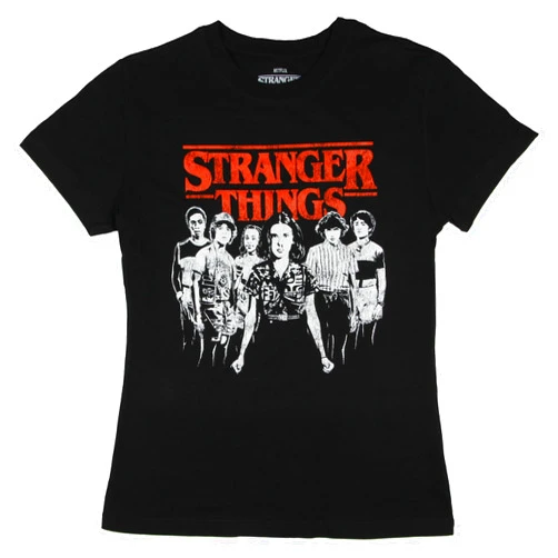 Seven Times Six Stranger Things Men's Group Picture Black and White Distressed Vintage Graphic Print T-Shirt(Medium)