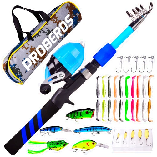 PROBEROS Kids Fishing Pole - Portable Telescopic Fishing Rod and Reel Combo Kit - Spincast Fishing Reel Casting Rods with Lures Lines Tackle Box and Bag for Boys Girls Youth Fishing
