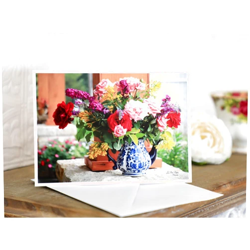 Handmade Country Roses & Blue Teapot Stationery | La Pea Patch Rose Stationery Set of (6) with Envelopes | All Occasion Blank Cards | Farmhouse Cards
