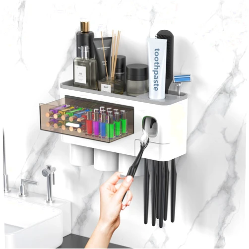 Bamyko Toothbrush Holders for Bathrooms Wall Mounted, 3 Cups Toothbrush Holder with Toothpaste Dispenser,Large Capacity Tray, Transparent Drawer, Bathroom Organizer & Bathroom Organization