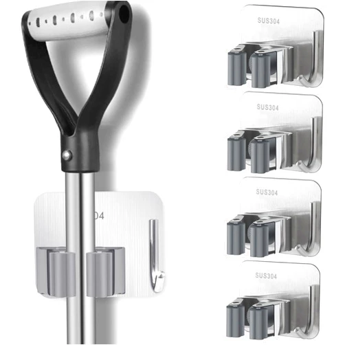 HYRIXDIRECT Broom Holder Self Adhesive No Drill Wall Mount Mop Broom Organizer with Hook Heavy Duty Stainless Steel Garden Tool Organizer Garage Storage and Organization Hanger (Silver + Grey)