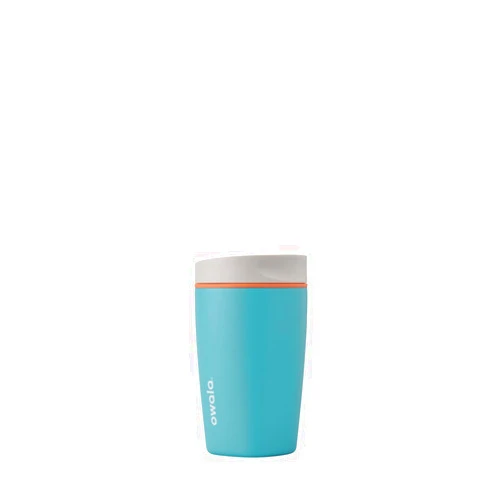 Owala SmoothSip Slider Insulated Stainless Steel Coffee Tumbler, Reusable Iced Coffee Cup, Hot Coffee Travel Mug, BPA Free 12 oz, Grey/Blue (Beachy Breeze)