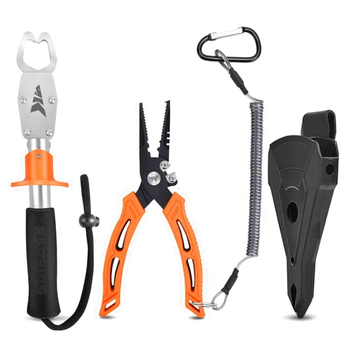 KastKing Fishing Pliers, Fish Lip Gripper or Fish Scale Combo Saltwater Resistant Fishing Tools, Fishing Gear with Rubber Handle, Lanyard, Line Cutter Hook Remover with Sheath, Ice Fishing Gift Men