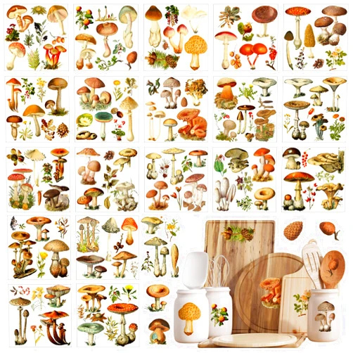Honoson 20 Sheets Farmhouse Rub on Transfers for Crafts and Furniture Floral Mushroom Animals Rub on Stickers Vintage Farm House Decals for Wood Paper DIY Home Decor, 5.9 x 5.9 Inch (Mushroom Style)