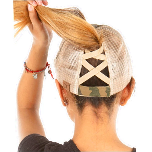 Funky Junque Criss Cross Hat Womens Baseball Cap Distressed Ponytail Messy Bun Trucker Ponycap