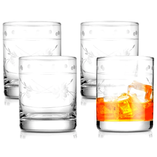 Royalrose Vintage Etched Double Old-Fashioned Glasses, 10-ounce, Set of 4, Whiskey Glasses, Dishwasher Safe